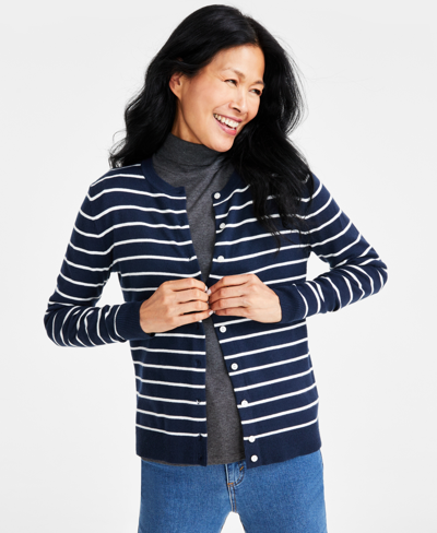 Style & Co Women's Stripe Button-down Long-sleeve Cardigan, Created For Macy's In Industrial Blue