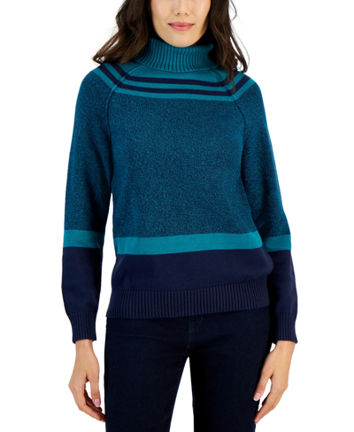 Shop Karen Scott Amelia Cotton Colorblocked Turtleneck Sweater, Created For Macy's In Jazzy Teal