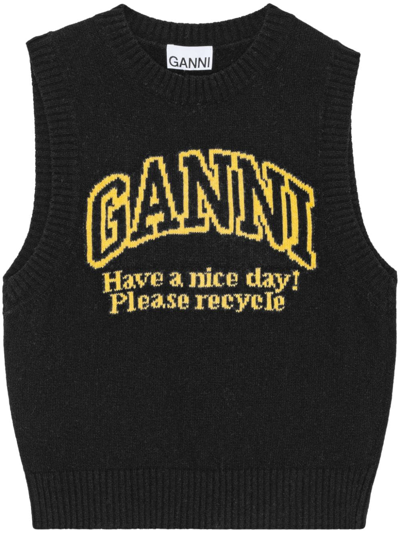 Shop Ganni Logo Wool Vest In Black
