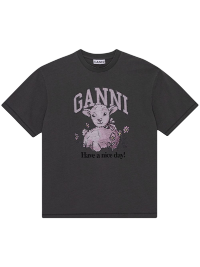Shop Ganni Printed Organic Cotton T-shirt In Black