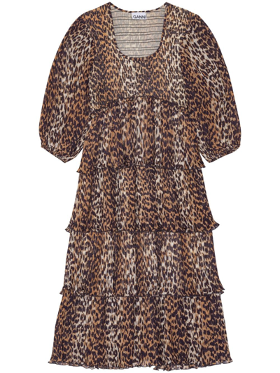 Shop Ganni Leopard Print Midi Dress In Animalier