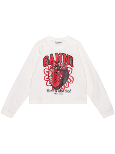 Shop Ganni Printed Organic Cotton Sweatshirt In White