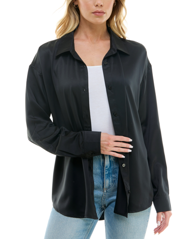 Shop Ultra Flirt Juniors' Button-front Satin Long-sleeve Shirt In Black