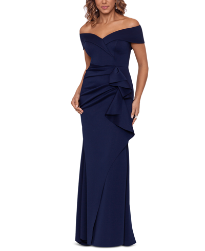 Shop Xscape Petite Off-the-shoulder Ruffle Gown In Midnight