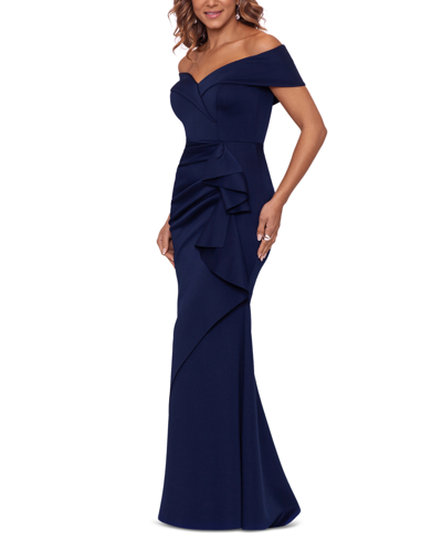 Xscape Ruffle Sleeve Off The Shoulder Scuba Crepe Sheath Gown In Midnight
