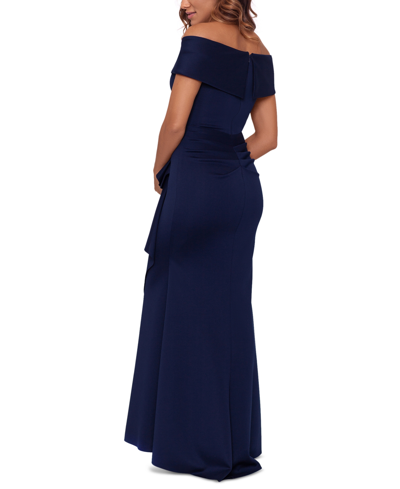 Xscape Ruffle Sleeve Off The Shoulder Scuba Crepe Sheath Gown In Midnight