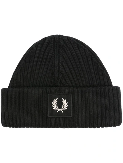 Shop Fred Perry Fp Patch Brand Chunky Rib Beanie Accessories In Black