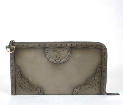 Shop Gucci Women's Duilio Brogue Zip Around Leather Clutch Bag In Grey