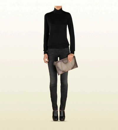 Shop Gucci Women's Duilio Brogue Zip Around Leather Clutch Bag In Grey