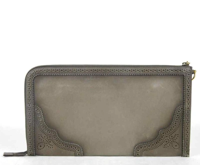 Shop Gucci Women's Duilio Brogue Zip Around Leather Clutch Bag In Grey