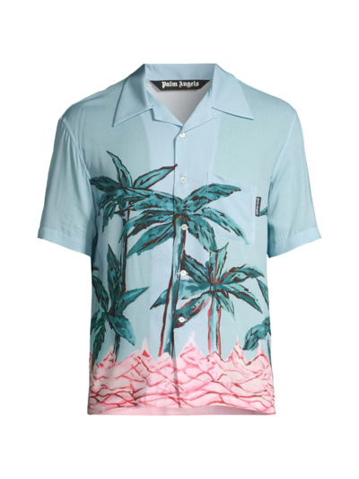 Shop Palm Angels Men's Palms Row Bowling Shirt In Light Blue
