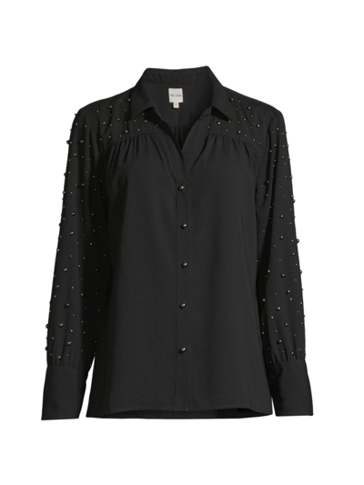 Shop Nic + Zoe Women's Constellation Faux Pearl-embellished Button-up Shirt In Black