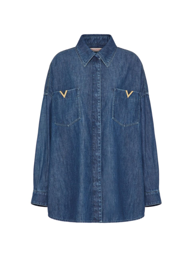 Shop Valentino Women's Denim Chambray Overshirt In Blue