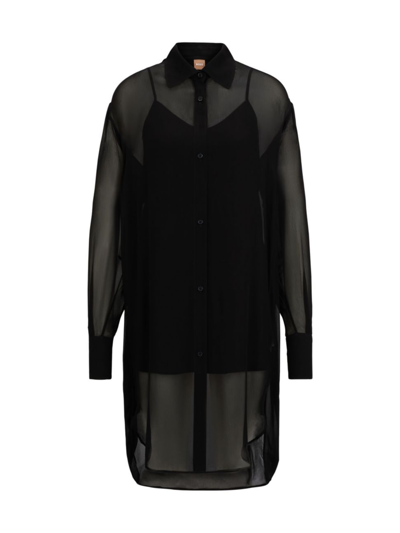 Shop Hugo Boss Women's Sheer Long-length Blouse With Inner Slip In Black