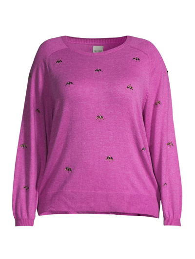 Shop Nic + Zoe, Plus Size Women's Hidden Gems Cotton-blend Crewneck Sweater In Vivid Magenta