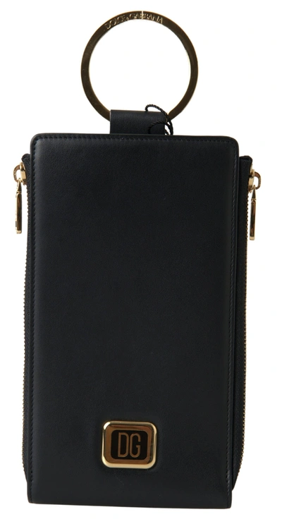 Shop Dolce & Gabbana Black Leather Dg Logo Gold Zip Card Holder Men Wallet