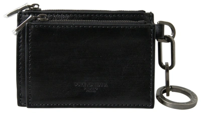 Shop Dolce & Gabbana Black Leather Zip Logo Keyring Coin Purse Wallet