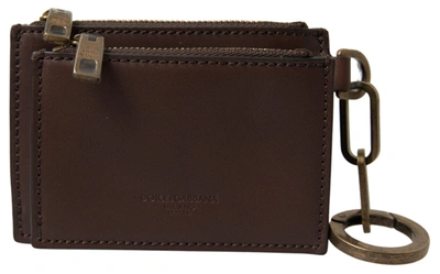 Shop Dolce & Gabbana Brown Leather Zip Logo Keyring Coin Purse Wallet
