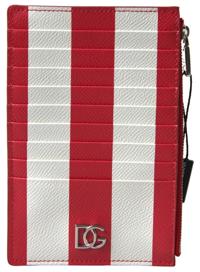 Shop Dolce & Gabbana Red White Leather Dg Logo Zip Card Holder Wallet