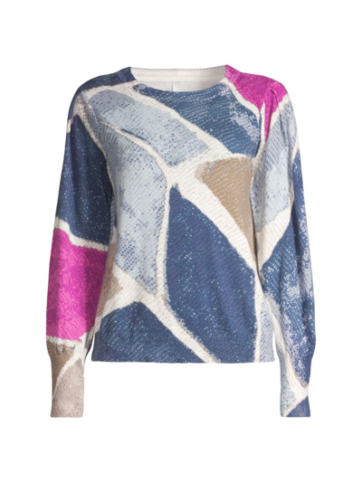 Shop Nic + Zoe Women's Printed Tiles Femme Sleeve Crewneck Sweater In Blue Multi