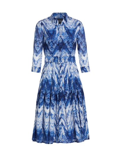 Shop Samantha Sung Women's Audrey Dyed Belted Midi-dress In Shibori Chevron White Cobalt Blue