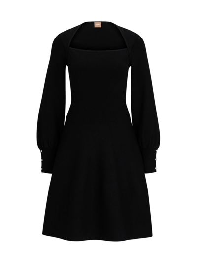 Shop Hugo Boss Women's Long-sleeved Knitted Dress With Square Neckline In Black