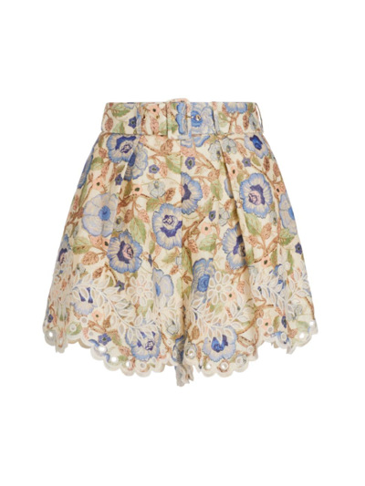 Shop Zimmermann Women's Junie Floral Crochet-edge Shorts In Ivory Blue Floral
