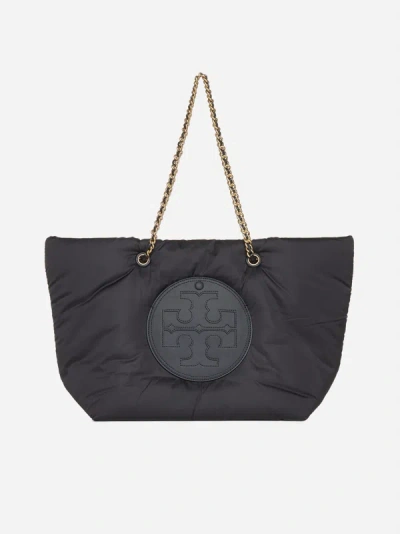 Shop Tory Burch Ella Puffy Chain Nylon Tote Bag In Black