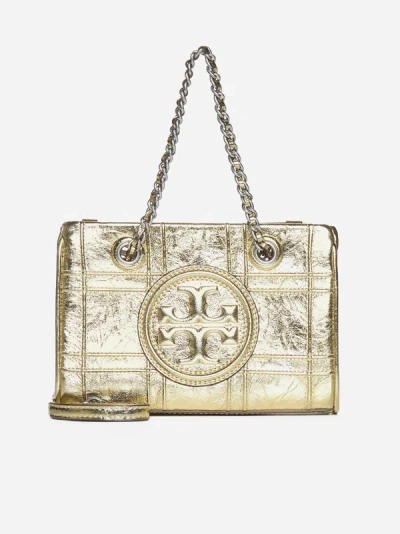 Shop Tory Burch Fleming Soft Leather Mini Chain Tote Bag In Gold