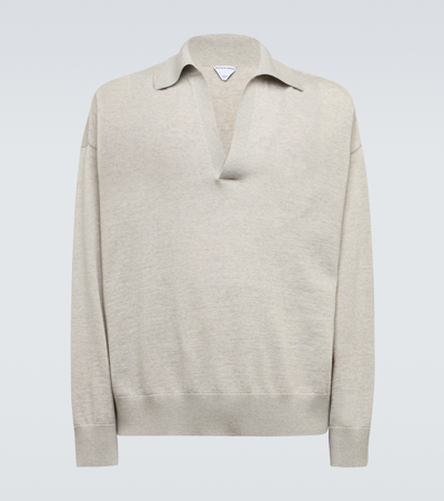 Shop Bottega Veneta Wool Polo Sweater In Light Grey Melange
