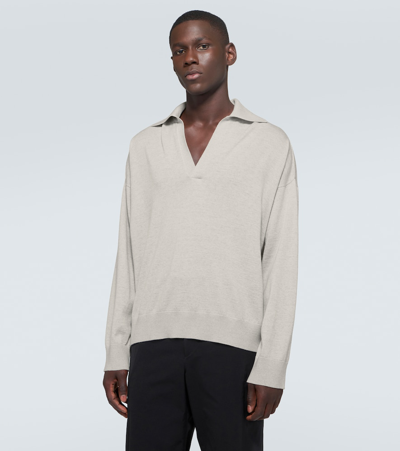 Shop Bottega Veneta Wool Polo Sweater In Light Grey Melange