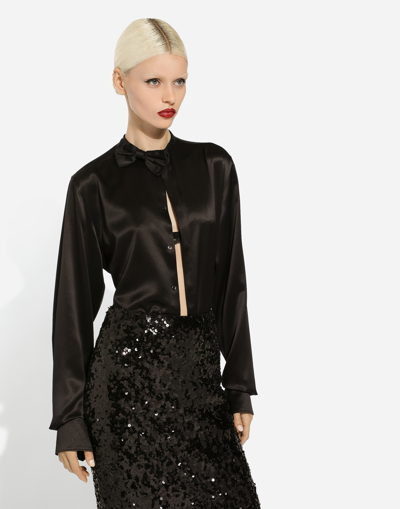 Dolce & Gabbana Satin Shirt With Bow-tie Detailing In Black