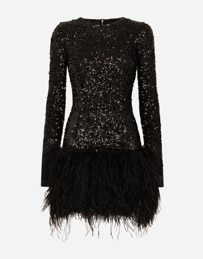 Shop Dolce & Gabbana Short Sequined Dress With Feather Trim In Black