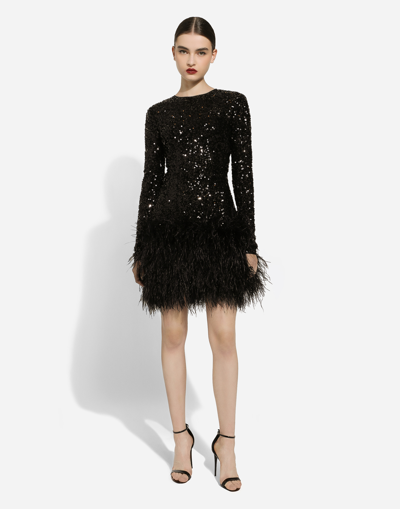 Shop Dolce & Gabbana Short Sequined Dress With Feather Trim In Black