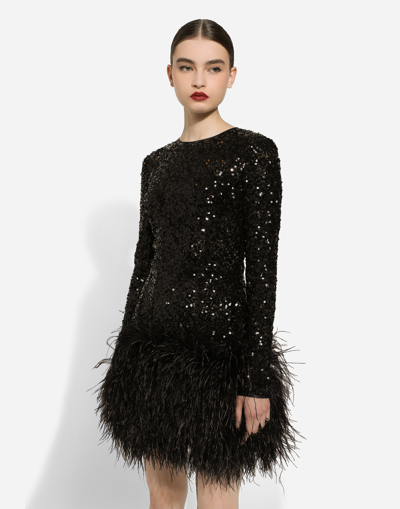 Shop Dolce & Gabbana Short Sequined Dress With Feather Trim In Black