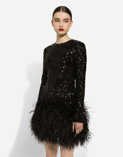 Dolce & Gabbana Feather-trim Sequinned Minidress In Black