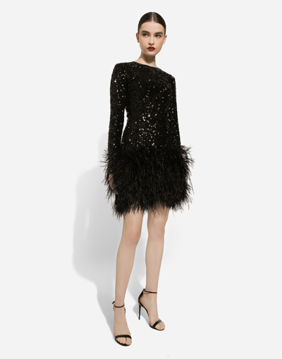 Shop Dolce & Gabbana Short Sequined Dress With Feather Trim In Black