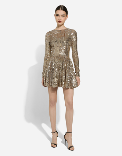 Dolce & Gabbana Sequin-embellished Pleated Minidress In Gold