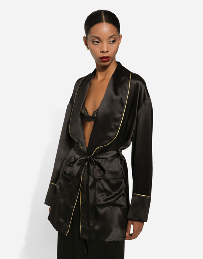 Dolce & Gabbana Silk Long-sleeved Pajama Jacket With Belt In Black