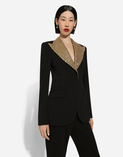 Dolce & Gabbana Single-breasted Wool Turlington Jacket With Sequined Lapels In Black