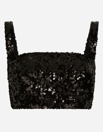 Shop Dolce & Gabbana Sequined Crop Top With Straps In Black