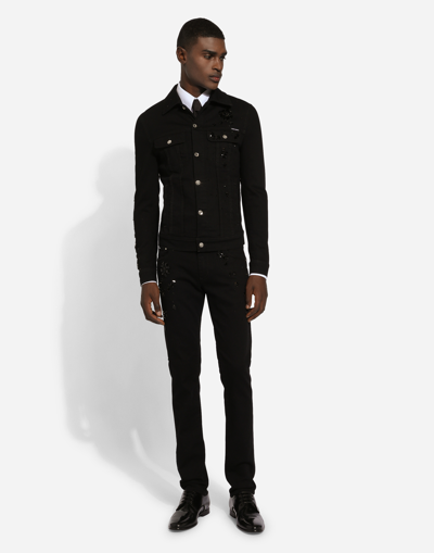 Shop Dolce & Gabbana Stretch Denim Jacket With Rhinestone Embroidery In Black