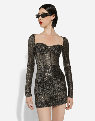 Dolce & Gabbana Long-sleeved Sequined Corset Dress In Black