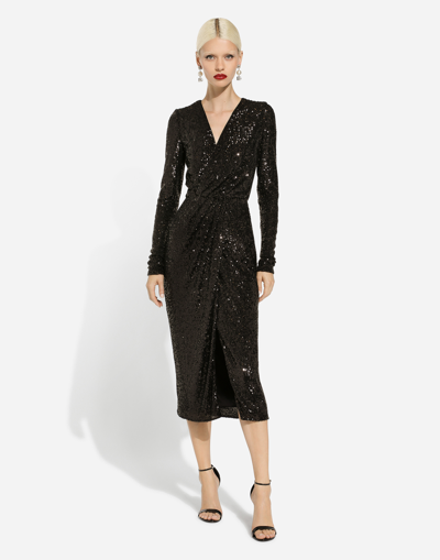 Shop Dolce & Gabbana Micro-sequined Calf-length Dress In Black