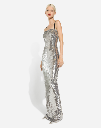 Shop Dolce & Gabbana Long Sequined Dress In Silver