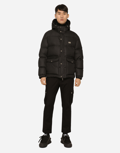 Shop Dolce & Gabbana Nylon Down Jacket With Hood And Branded Tag In Black
