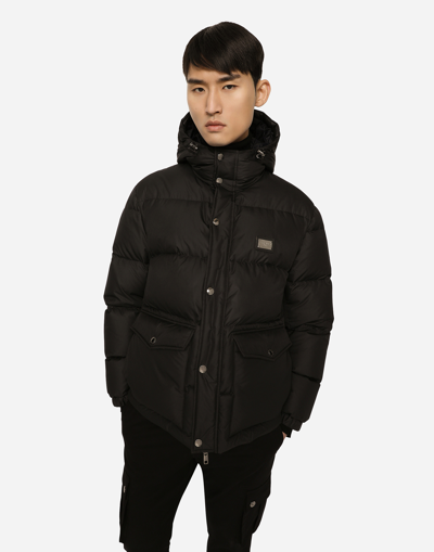 Shop Dolce & Gabbana Nylon Down Jacket With Hood And Branded Tag In Black