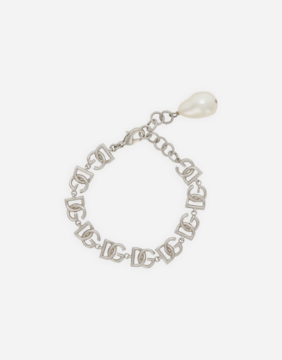 Shop Dolce & Gabbana Link Bracelet With Multiple Dg Logo In Silver