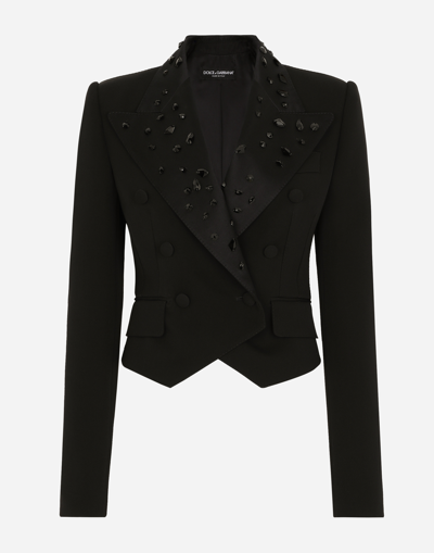 Dolce & Gabbana Cropped Wool Jacket With Rhinestone Details In Multicolor