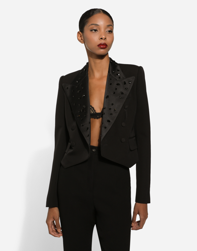 Dolce & Gabbana Cropped Wool Jacket With Rhinestone Details In Multicolor